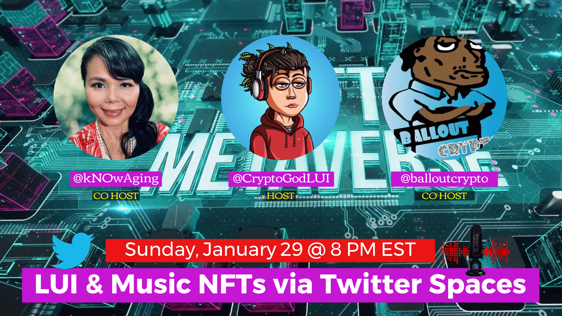Join Host, @Cryptogodlui, and Co-Hosts @knowaging & @balloutcrypto for LUI & Music NFTs via Twitter Spaces. Sharing Updates, Music, Stories and WEB3.