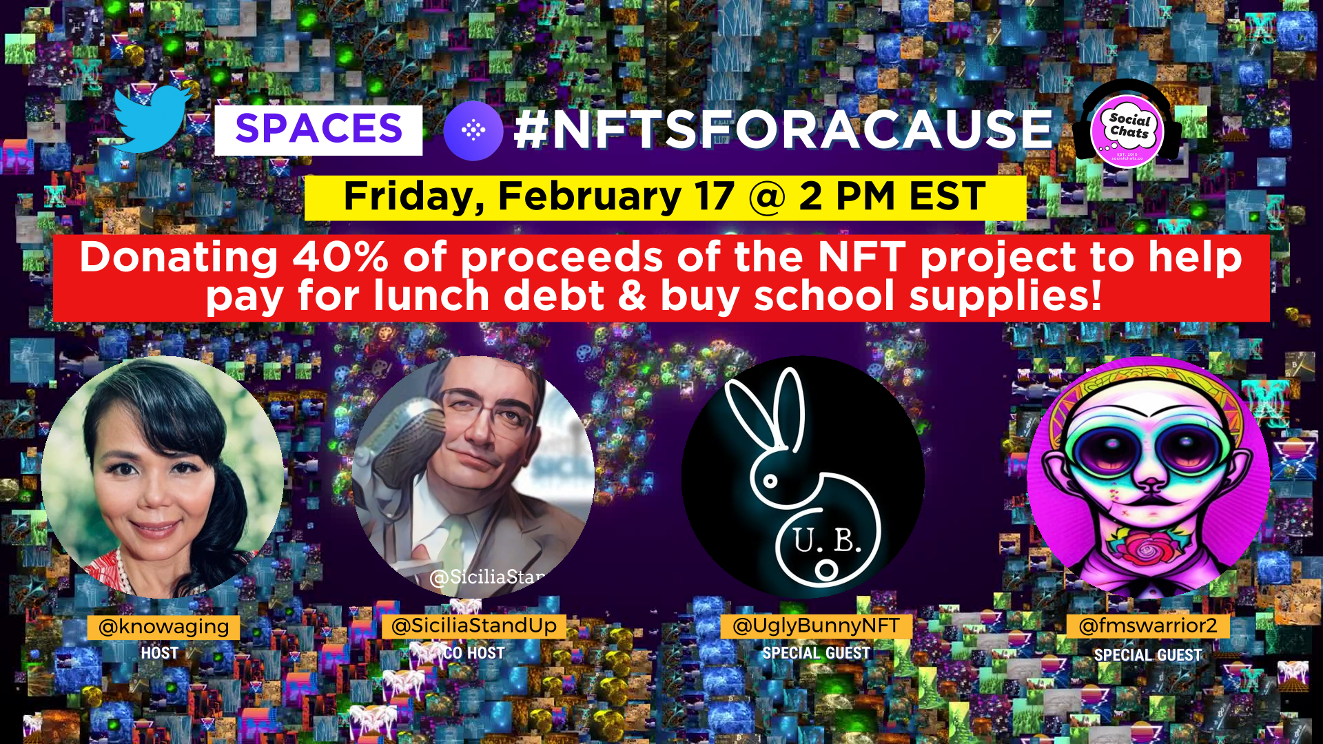 Join @SiciliaStandUp & @knowaging #NFTsForACause v/ @TwitterSpaces! Friday, February 17th at 6 PM EST. Chat w/ @UglyBunnyNFT and her team member @fmswarrior2 about donating 40% of NFT project to help pay lunch debt & buy school supplies!