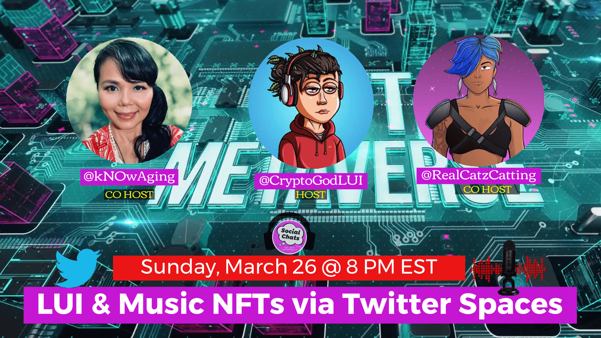 Join us TONIGHT @ 8 PM EST for another EPS of LUI & #MusicNFTs v/ @TwitterSpaces w/ @CryptoGodLui, @knowaging & @realcatzcatting!
